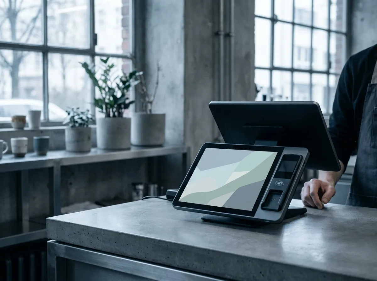 Kassenterminal auf einer Betontheke in einem Café mit Industriecharakter
