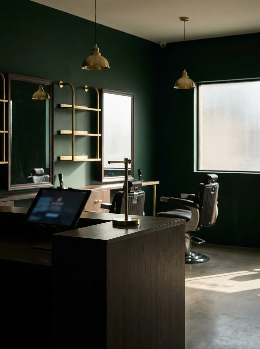 Barbershop mit dunkelgrünen Wänden, Messingdetails und Tablet-Kasse an der Theke